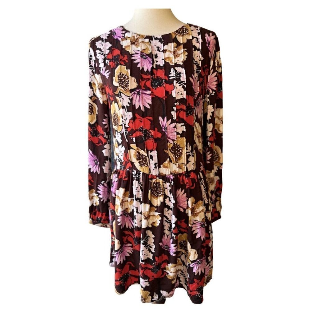 Hinge Women's Pintuck Floral Burgundy Fudge Wild Bouquet Mini Dress Size S - Picture 1 of 16